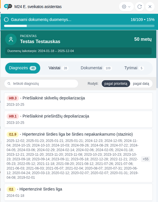M24 E. sveikatos asistento paieškos ir istorinių įrašų peržiūra